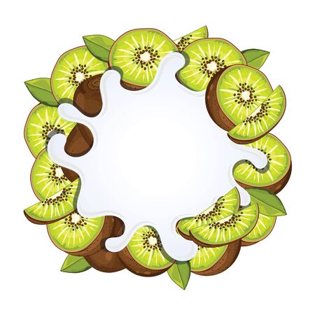 Yogurt splash isolated on kiwi. Milk splash, kiwi yogurt. Yogurt Packaging Design Template. Vector illustration.のイラスト素材
