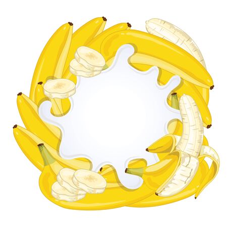 Yogurt splash isolated on banana. Milk splash, banana yogurt. Yogurt Packaging Design Template. Vector illustration.のイラスト素材