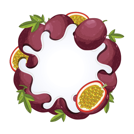 Yogurt splash isolated on passion fruit. Milk splash. Passion fruit yogurt. Yogurt Packaging Design Template. Vector illustration.のイラスト素材