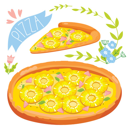 Slice of pineapple pizza isolated on white background, vector illustration.のイラスト素材