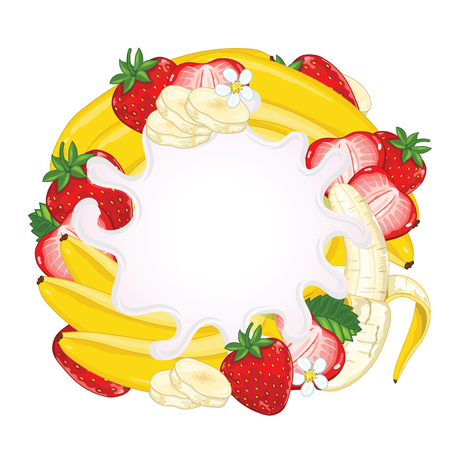 Yogurt splash isolated on strawberry and banana. Milk splash.のイラスト素材
