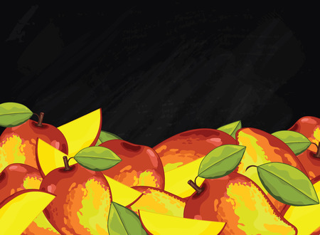 Mango on chalkboard background. Mango composition, plants and leaves. Organic food. Summer fruit. Fruit background for packaging design.のイラスト素材