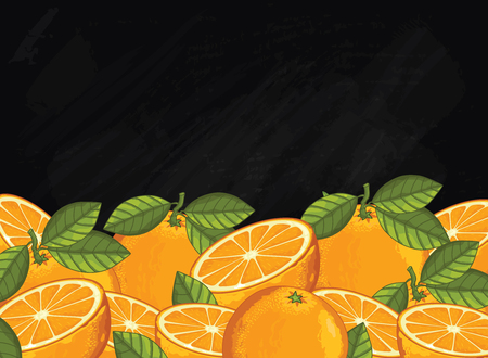 Orange on chalkboard background. Orange composition, plants and leaves. Organic food. Summer fruit. Fruit background for packaging design.のイラスト素材