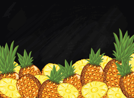 Pineapple on chalkboard background. Pineapple composition, plants and leaves. Organic food. Summer fruit. Fruit background for packaging design.のイラスト素材