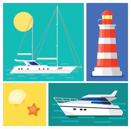 Sailing yacht. Motor yacht. Lighthouse. Sand with shells and starfish.のイラスト素材