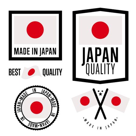 Made in Japan label set. Vector Japan flag. Symbol of quality. Manufacturing by Japan. Tags and sticker collection. Vintage and modern stamp.のイラスト素材