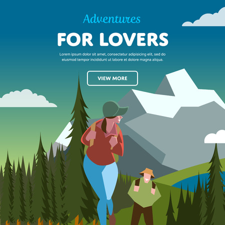 Hiking concept vector illustration. Couple of outdoor adventure. Backpacker in forest.のイラスト素材