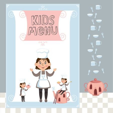 Kids menu bitmap template, cartoon design with funny characters.の写真素材