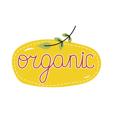 Organic food label isolated on white background. Logo for vegan menu or food. Cute cartoon vector illustration.のイラスト素材