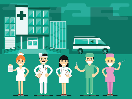 Health workers in the hospital background. Miscellaneous medical characters. Doctor a nurse. Medical staff.のイラスト素材