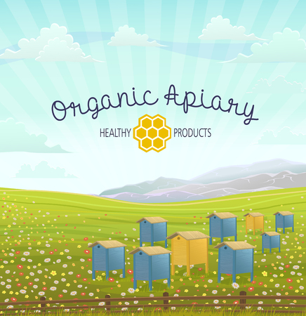 Apiary in alpine meadows in mountains. Honey Farm. Beehive set. Bee honeycomb. Rustic landscape. Fields of green grass. Production of natural organic products.のイラスト素材