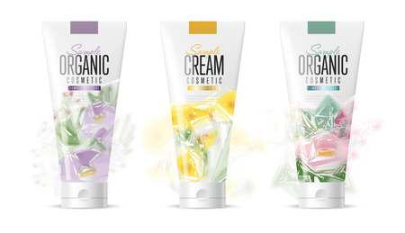 Body care products. Brand concept of organic cosmetics. Summer Series with flowers. Vector pattern. Abstract brand for adaptations. Realistic cosmetic packaging isolated on white background.のイラスト素材