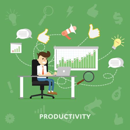 Businessman working at his laptop in office productivity concept flat abstract isolated vector illustrationのイラスト素材
