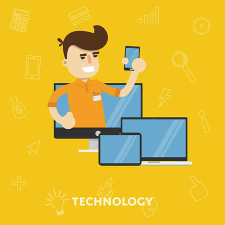 Man with a variety of gadgets laptop tablet concept technology flat abstract isolated vector illustrationのイラスト素材