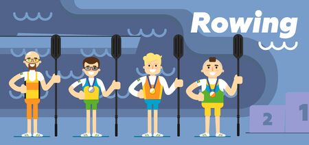 Rowing team costs about the podium with gold, silver and bronze medals with oars in their hands flat...