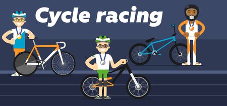 Cycling team award with gold, silver and bronze medal flat vector illustration.