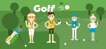 Golf team on award with gold, silver and bronze medals with sticks in their hands against the backdrop of a field flat vector illustration.のイラスト素材