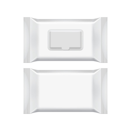 Blank packaging wet wipes isolated on white background. Foil cosmetic bag. Package template. Realistic 3d mockup. Plastic pack template. Ready for design. Vector illustration.のイラスト素材