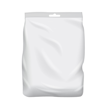 Blank packaging isolated on white background. Foil food snack bag for coffee, chips. Package template. Realistic 3d mockup. Plastic pack template. Ready for design. Vector illustration.のイラスト素材