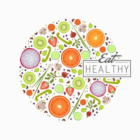 Healthy food background fresh vegetable and fruit vector illustration. Vegetarian menu elements. Natural food concept.のイラスト素材