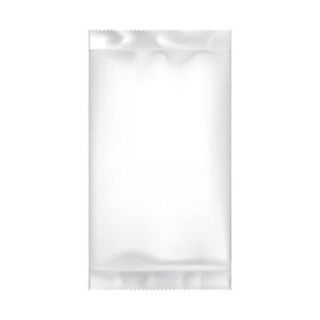 Blank packaging isolated on white background. Foil food snack bag for coffee, chips. Package template. Realistic 3d mockup. Plastic pack template. Ready for design. Vector illustration.のイラスト素材
