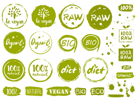 Healthy food icons, labels. Organic tags. Natural product elements.  vegetarian restaurant menu. Vector illustration. Lactose free sign. Low fat stamp. Soy free. Eco product.のイラスト素材