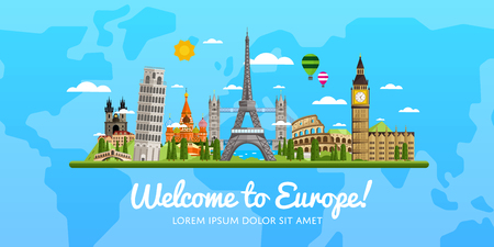 Welcome to Europe, travel on the world concept, traveling flat vector illustration.のイラスト素材