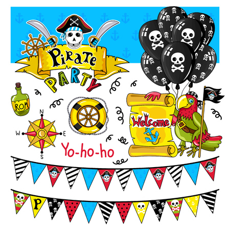 Pirate party elements for birthday, steering wheel, flags, bottle and other pirate symbols.のイラスト素材