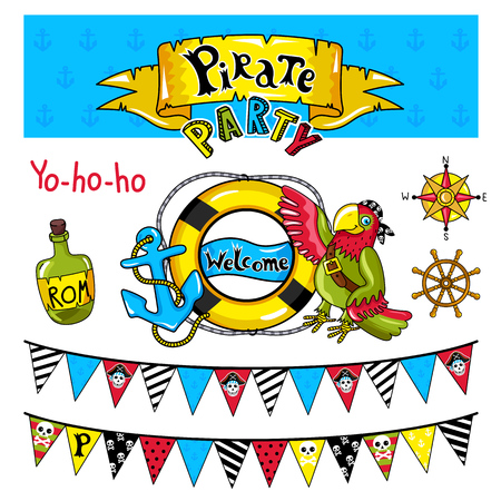 Pirate party elements for birthday, steering wheel, flags, bottle and other pirate symbols.のイラスト素材