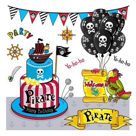 Pirate party elements for birthday, steering wheel, flags, sword and other pirate symbols.のイラスト素材