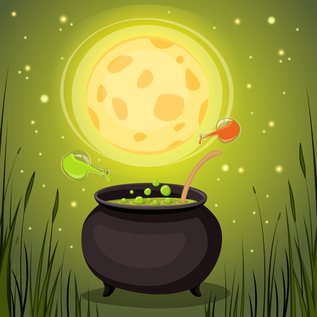 Cauldron with magical potion in a dark forest. Magic Elixir vector illustration.のイラスト素材