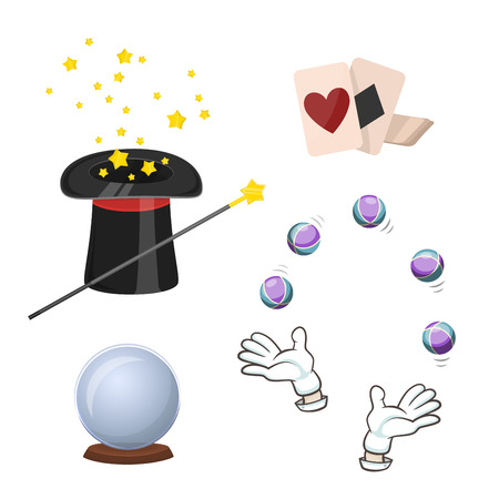 Set of icons for divination and magic tricks. Playing cards, magician hat, ball for divination and other icons. Cartoon style. Vector illustration.のイラスト素材