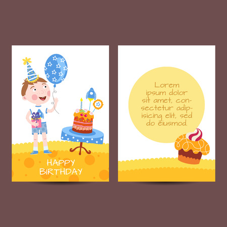 Happy birthday kids postcard template vector holiday illustrationのイラスト素材