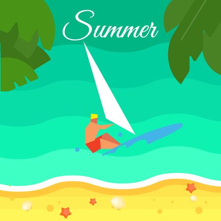 Summer background, vector illustration. Surfer riding on waves. Windsurfing concept. Sand beach with palm leaves and starfish. Natural landscape. Summer holidays. Beach activities. Sea timeのイラスト素材
