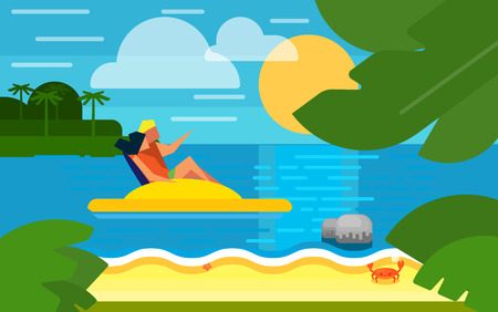 Summer banner vector illustration. Seascape with couple on yellow water bike. Summer beach with sea crab, palm trees and sunset. Tropical scenery. Natural seascape. Summer vacationのイラスト素材