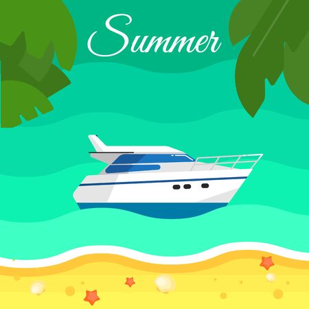 Summer background, vector illustration. Motor speedboat in water. Motorboat racing. Sand beach with palm leaves and starfish. Travel concept. Natural landscape. Racing yacht. Cruise vacation.のイラスト素材