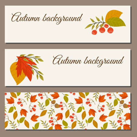 Banners set of autumn leaves vector illustration. Background with hand drawn autumn leaves. Design elements. Autumn leaves fall on banner.のイラスト素材