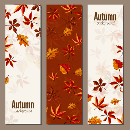 Banners set of autumn leaves vector illustration. Background with hand drawn autumn leaves. Design elements. Autumn leaves fall on banner.のイラスト素材