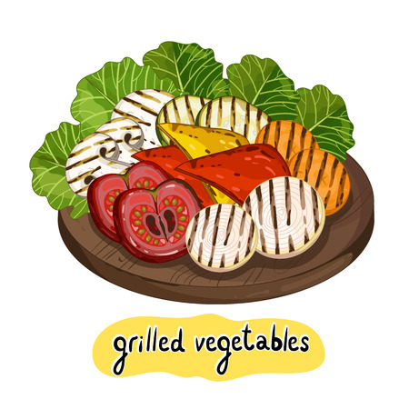 Grilled vegetables on cutting board isolated on white background vector illustration. Roasted veggie food. Assorted vegetables barbecue.のイラスト素材