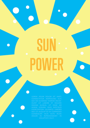 Sun power banner. Abstract vector illustration with yellow sun and rays on blue background. Renewable resources concept. Eco generationのイラスト素材