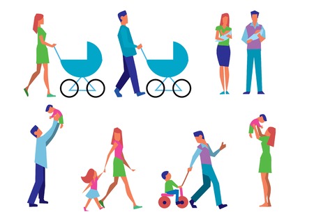 Illustration set married couple with children in different situations. Happy parents walking with stroller, playing with children, parents walking with children, little newborn on parent arm.のイラスト素材
