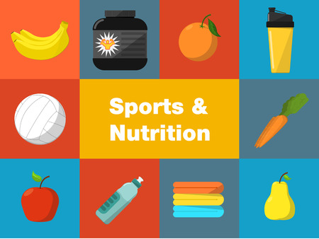 Sports and nutrition vector illustration icons set. Protein shaker, nutrition container, ball, fruit, sports bottle, towels on color background. Athletic equipment. Fitness supplements.のイラスト素材