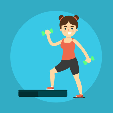 Smiling young girl doing exercises with dumbbells and step board, vector illustration. Healthy lifestyle. Fitness people. Workout and gymnastics. Cartoon character isolated on blue background.のイラスト素材
