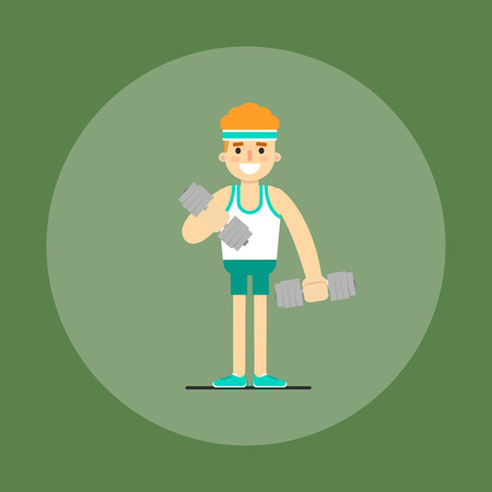 Athletic young man with dumbbells doing exercises, vector illustration in flat style. Healthy lifestyle. Fitness people. Workout and gymnastics. Cartoon character isolated on green background.のイラスト素材