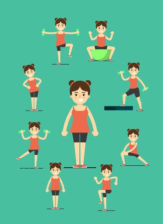 Smiling young girl doing exercises with dumbbells, step board and fit ball, vector illustration set in flat style. Healthy lifestyle. Fitness people. Workout and gymnastics. Sporty female charactersのイラスト素材