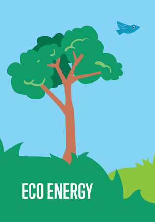 Eco energy banner. Vector illustration with bird and tree in green meadow on background of blue sky. Nature conservation.のイラスト素材