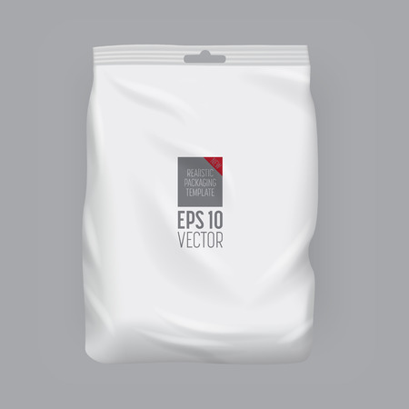 Blank packaging isolated on grey background. Foil food snack bag for coffee, chips. Package template. Realistic 3d mockup. Plastic pack template. Ready for design. Vector illustration.のイラスト素材