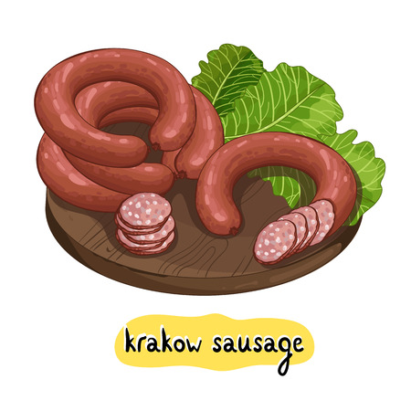 Sausages on wooden cutting board isolated on white background vector illustrationのイラスト素材