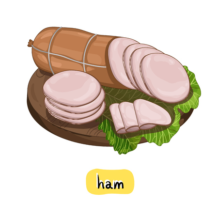 Ham on wooden cutting board isolated on white background vector illustrationのイラスト素材