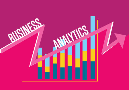 Business finance analytics banner with graphic report on perpl background. Vector illustration concept of analyzing financial indicators. Business growth, market research and strategy planningのイラスト素材